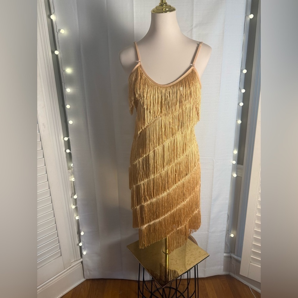 Gold Sheath Midi Dress with Spaghetti Straps Medium Costume Flapper